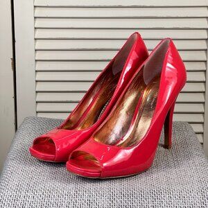 BCBG BCBGeneration DION Women's Coral Red Patent High Heel Open Toe Pumps Size 9